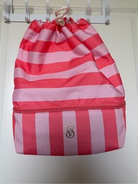 Victoria's Secret- Pink & Coral Striped Drawstring Beach Backpack